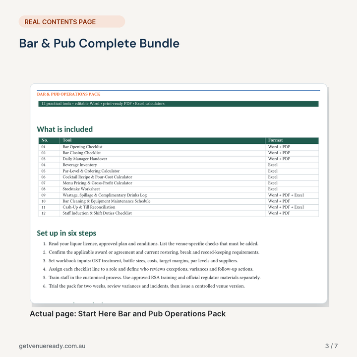 Real contents or start-here page from Bar & Pub Complete Bundle, shown at a readable scale.