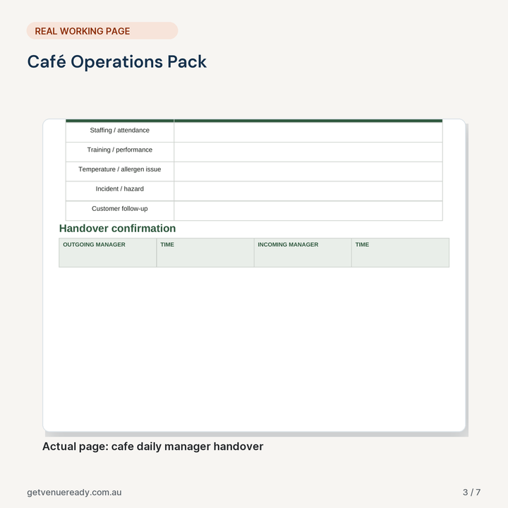 Real working page from Café Operations Pack, shown at a readable scale.
