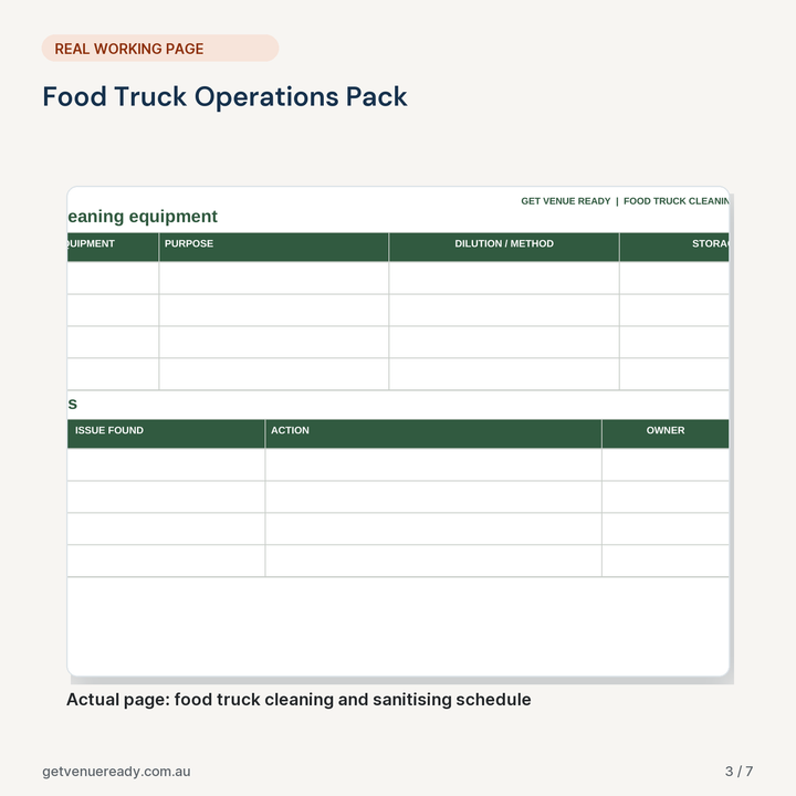 Real working page from Food Truck Operations Pack, shown at a readable scale.