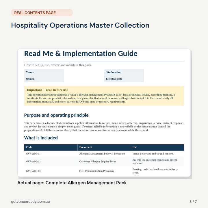 Real contents or start-here page from Hospitality Operations Master Collection, shown at a readable scale.