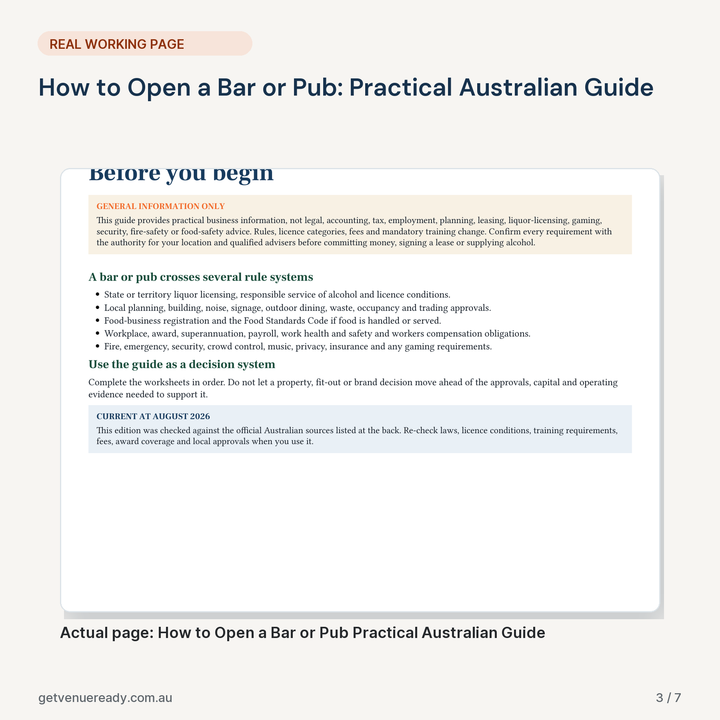 Real working page from How to Open a Bar or Pub: Practical Australian Guide, shown at a readable scale.