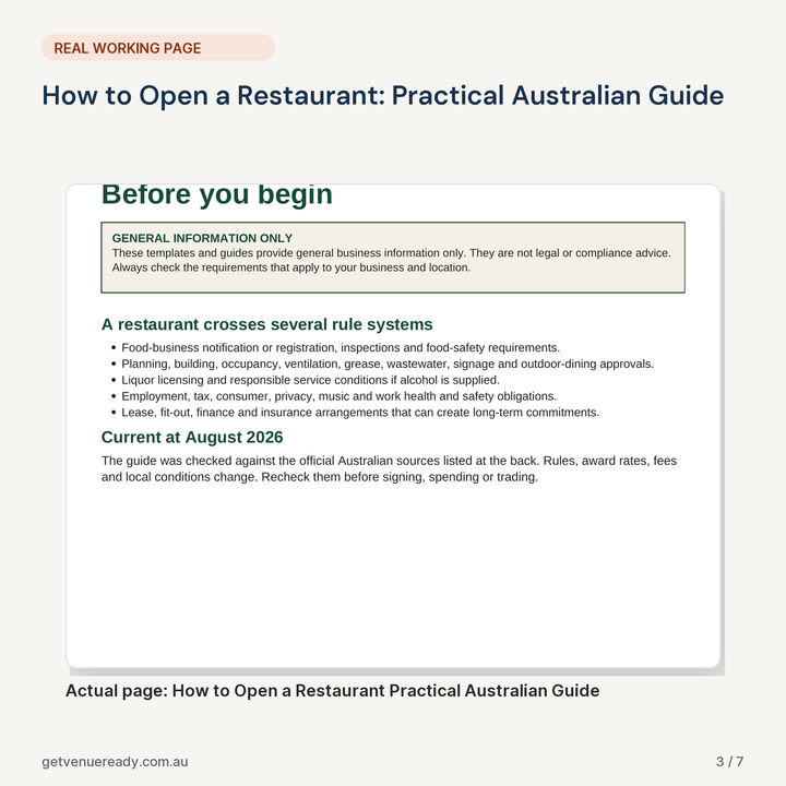 Real working page from How to Open a Restaurant: Practical Australian Guide, shown at a readable scale.