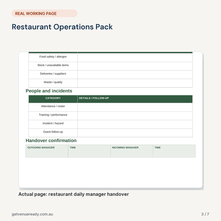 Real working page from Restaurant Operations Pack, shown at a readable scale.