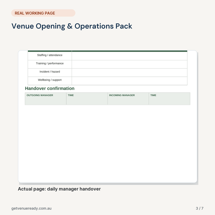 Real working page from Venue Opening & Operations Pack, shown at a readable scale.