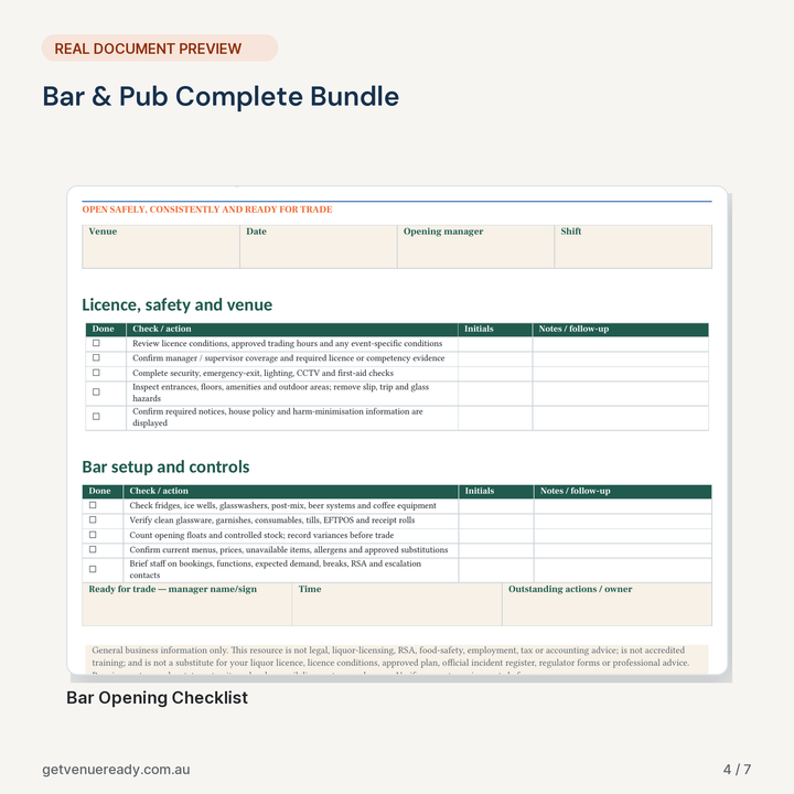 Real document preview from Bar & Pub Complete Bundle.