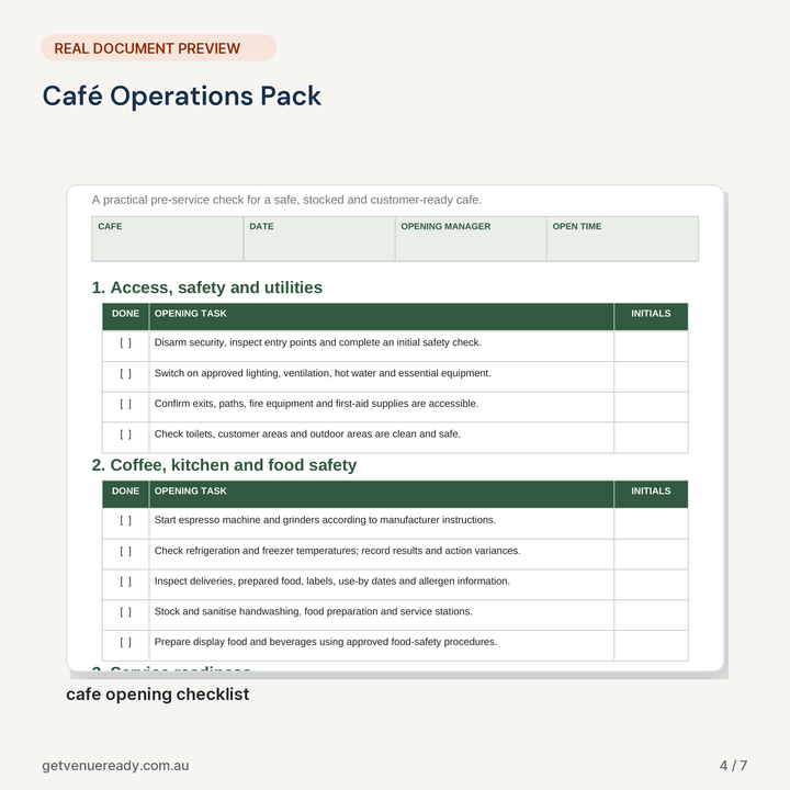 Real document preview from Café Operations Pack.