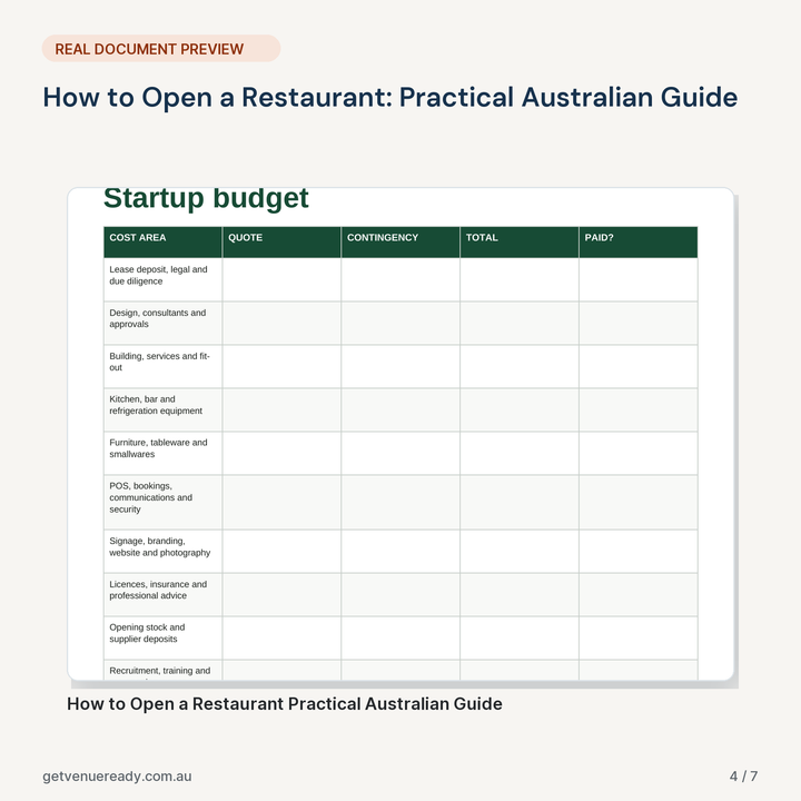 Real document preview from How to Open a Restaurant: Practical Australian Guide.