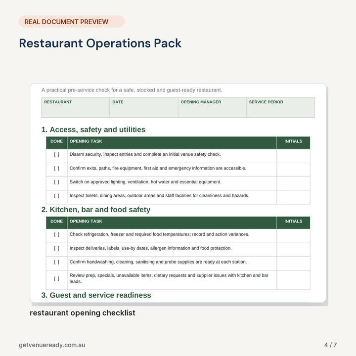 Real document preview from Restaurant Operations Pack.
