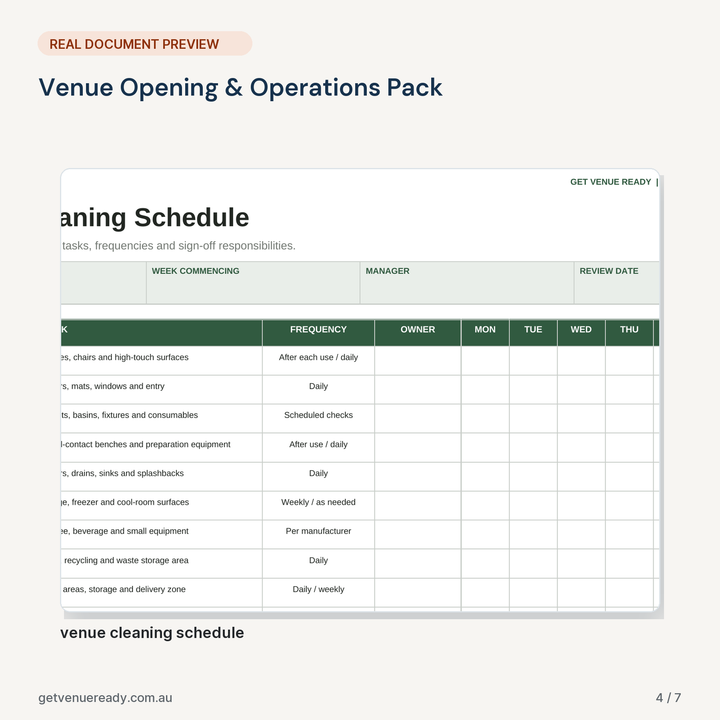 Real document preview from Venue Opening & Operations Pack.