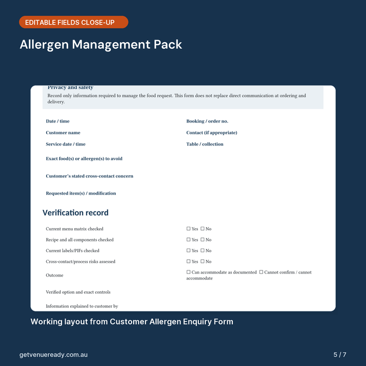 Close-up of editable fields and working layout in Allergen Management Pack.