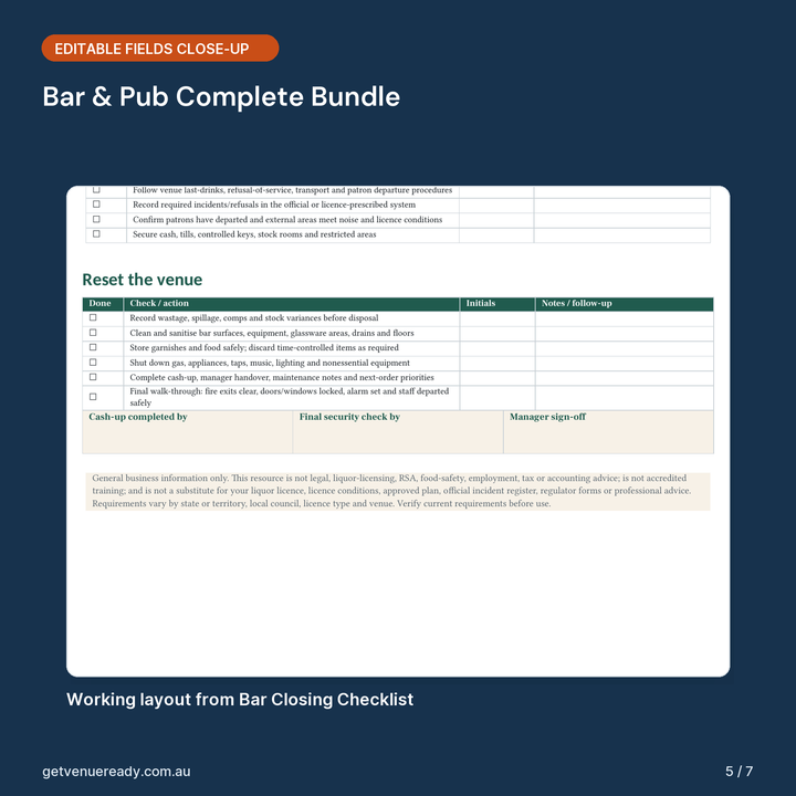 Close-up of editable fields and working layout in Bar & Pub Complete Bundle.