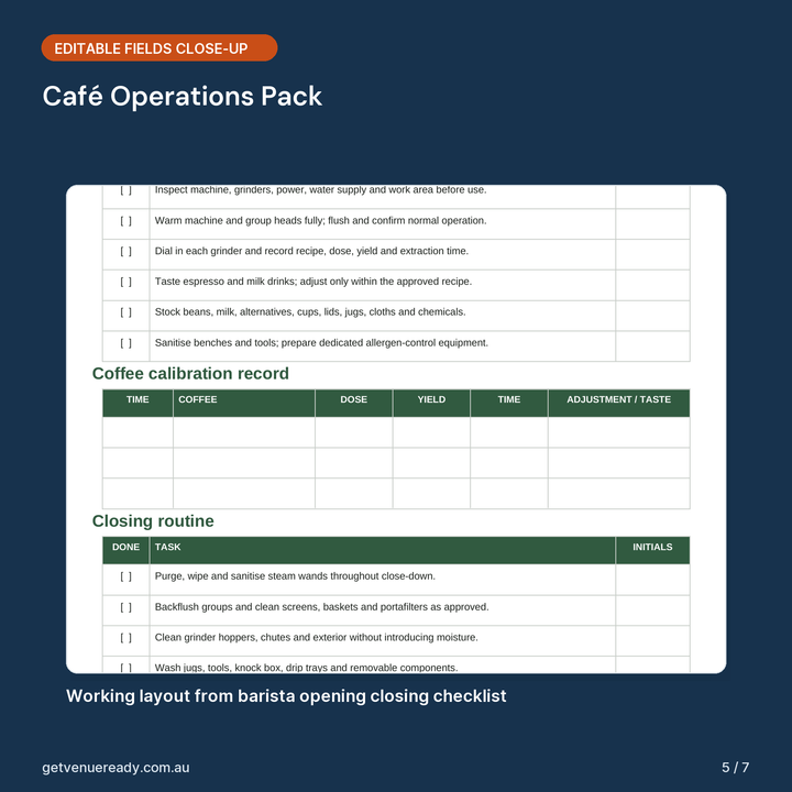 Close-up of editable fields and working layout in Café Operations Pack.