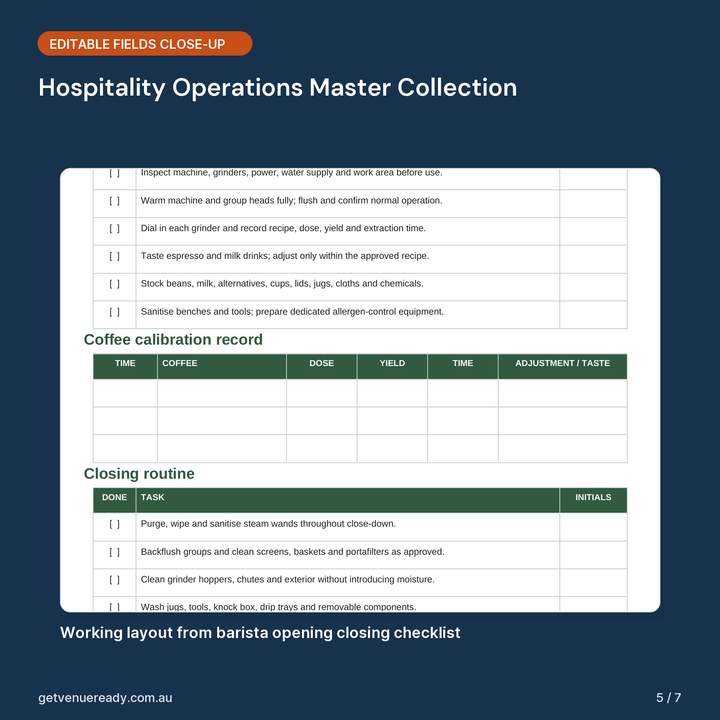 Close-up of editable fields and working layout in Hospitality Operations Master Collection.