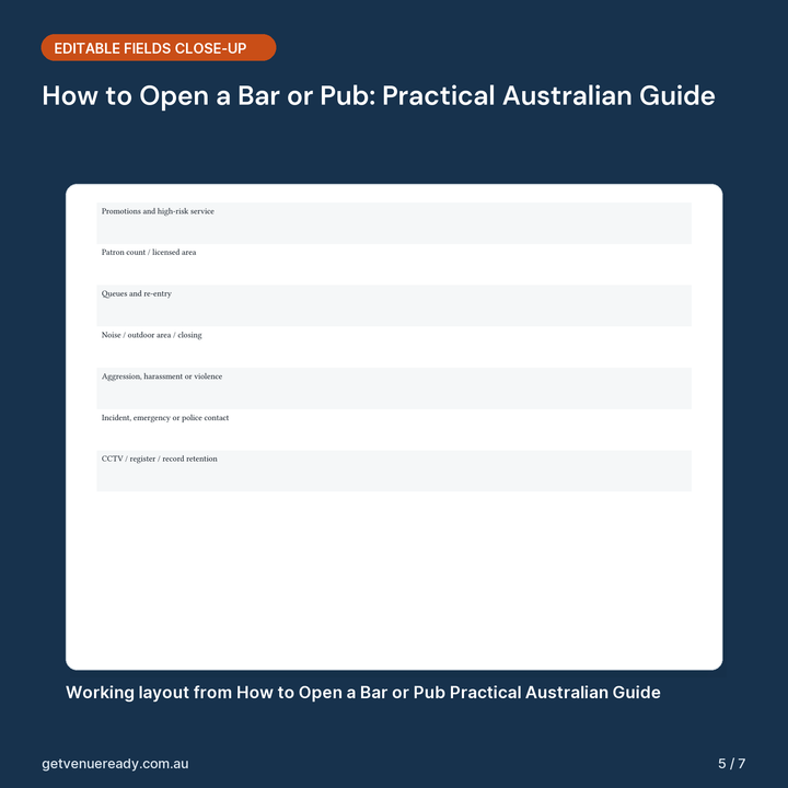 Close-up of editable fields and working layout in How to Open a Bar or Pub: Practical Australian Guide.