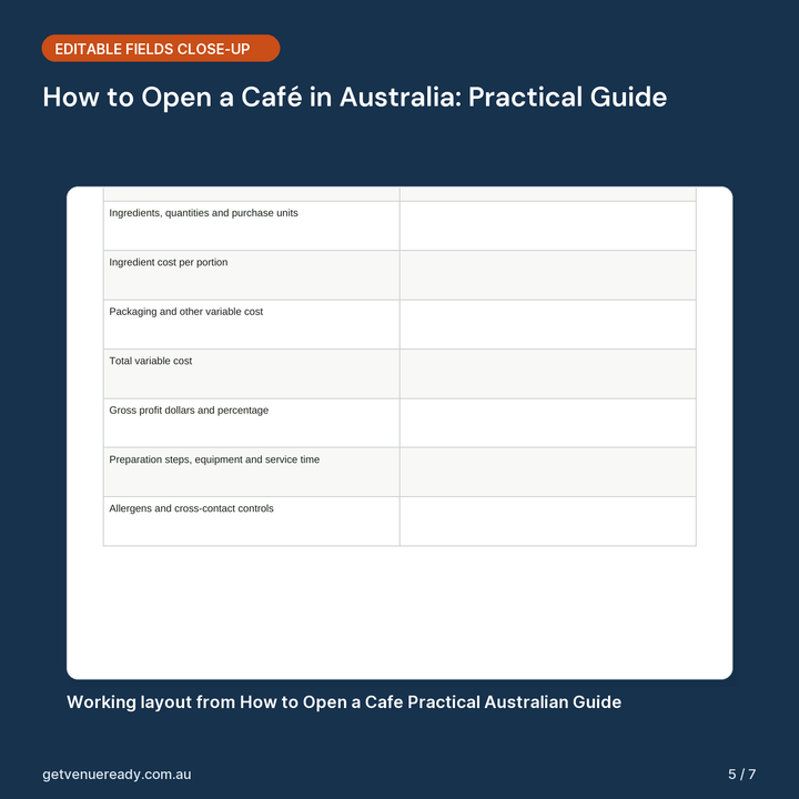 Close-up of editable fields and working layout in How to Open a Café in Australia: Practical Guide.