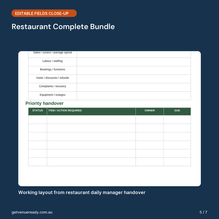 Close-up of editable fields and working layout in Restaurant Complete Bundle.