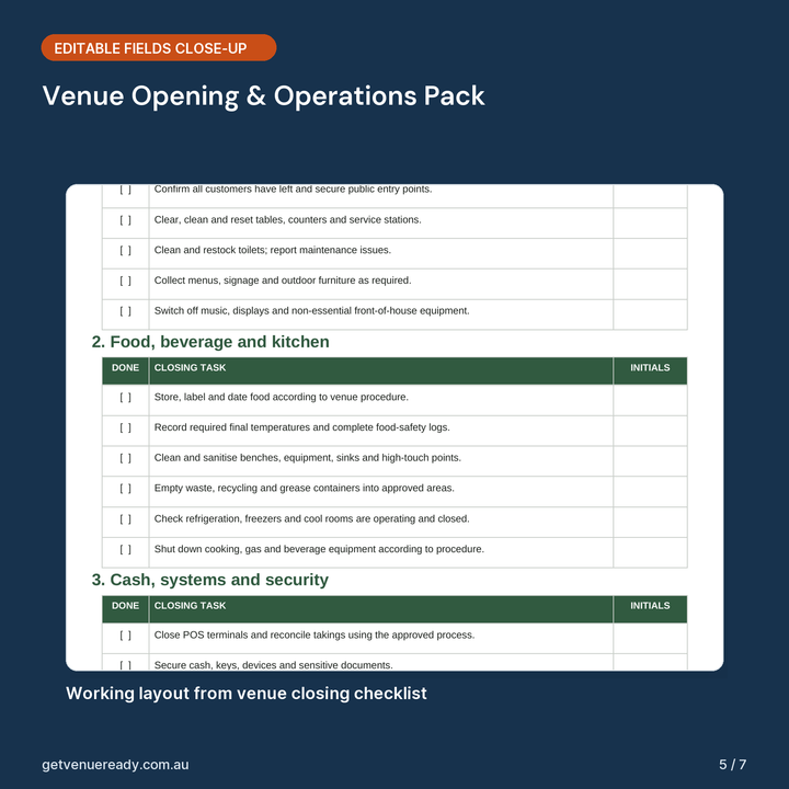 Close-up of editable fields and working layout in Venue Opening & Operations Pack.