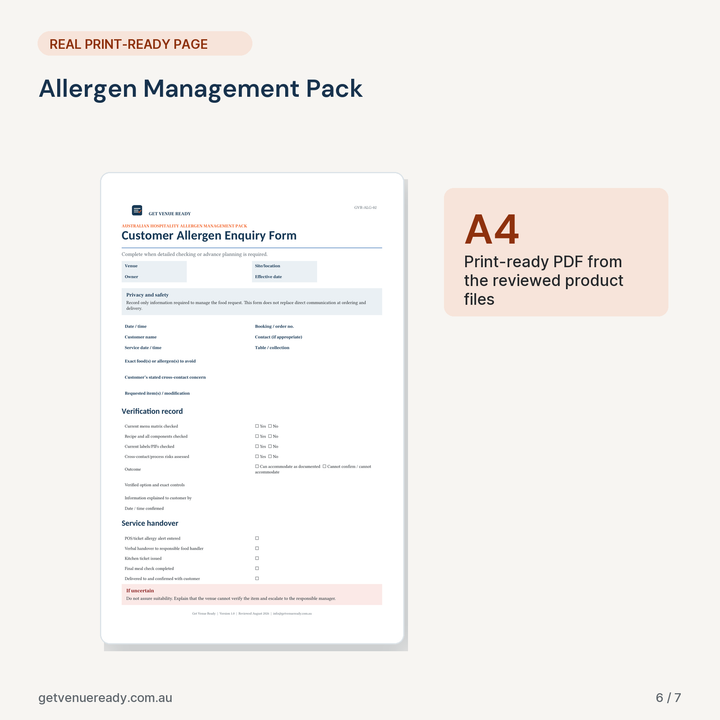 Print-ready A4 example from Allergen Management Pack, using a real page from the reviewed files.