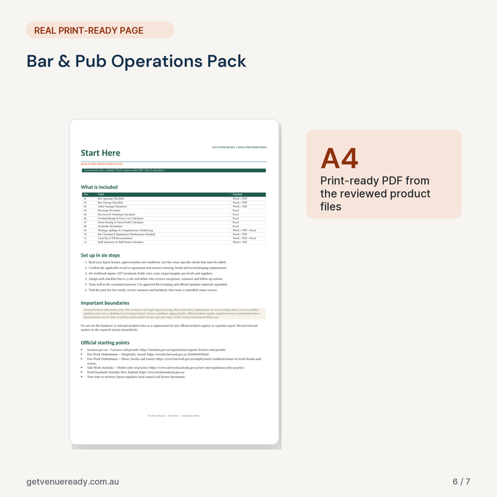 Print-ready A4 example from Bar & Pub Operations Pack, using a real page from the reviewed files.