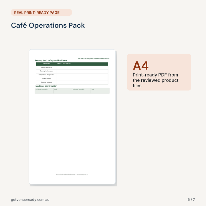 Print-ready A4 example from Café Operations Pack, using a real page from the reviewed files.
