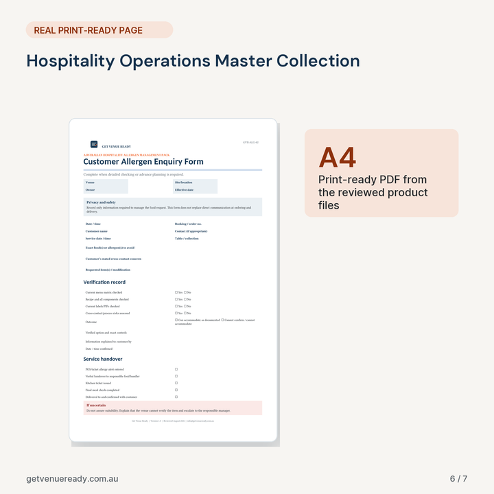 Print-ready A4 example from Hospitality Operations Master Collection, using a real page from the reviewed files.