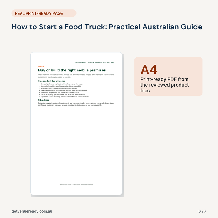 Print-ready A4 example from How to Start a Food Truck: Practical Australian Guide, using a real page from the reviewed files.