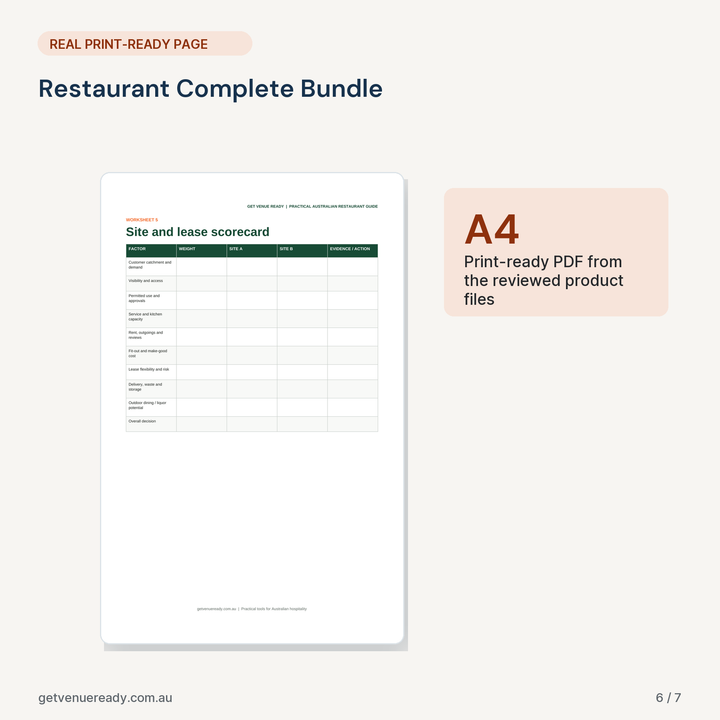 Print-ready A4 example from Restaurant Complete Bundle, using a real page from the reviewed files.