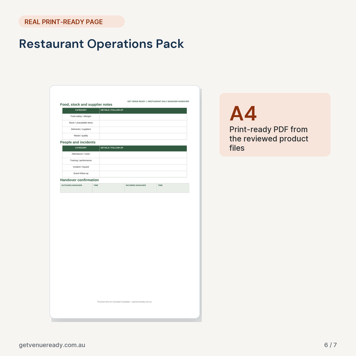 Print-ready A4 example from Restaurant Operations Pack, using a real page from the reviewed files.