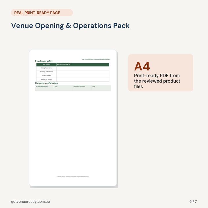 Print-ready A4 example from Venue Opening & Operations Pack, using a real page from the reviewed files.