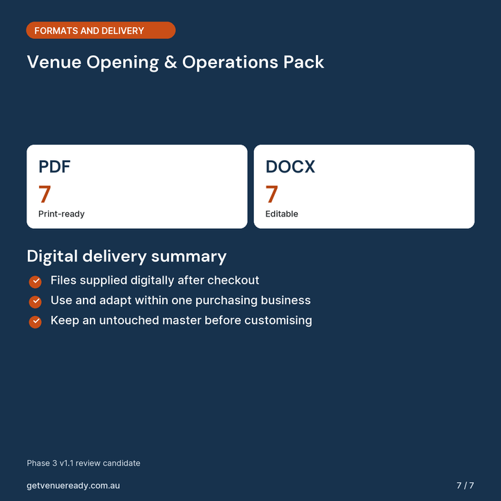 File formats and digital delivery summary for Venue Opening & Operations Pack.