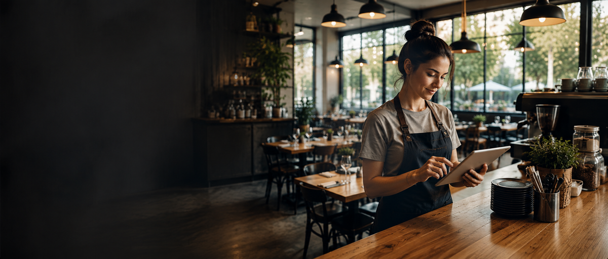 Café operator reviewing venue systems on a tablet before opening